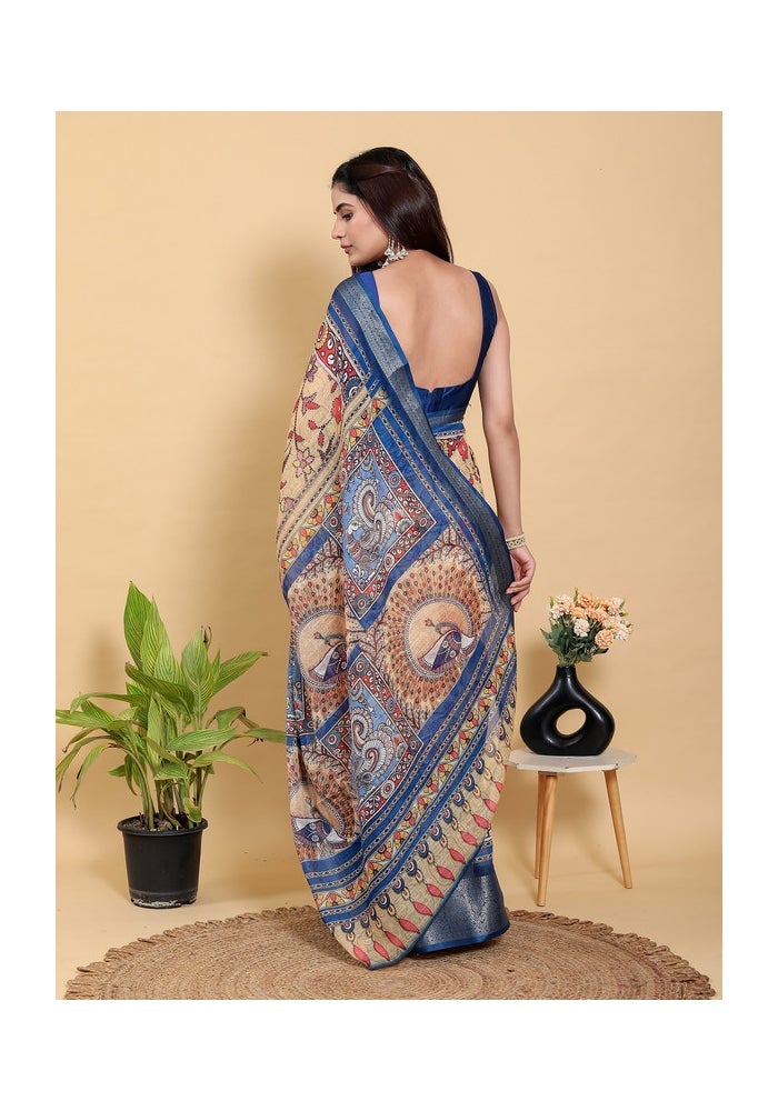 Malishka Export Artistic Brown & Teal Motif Linen Cotton Saree for Women - Image 4